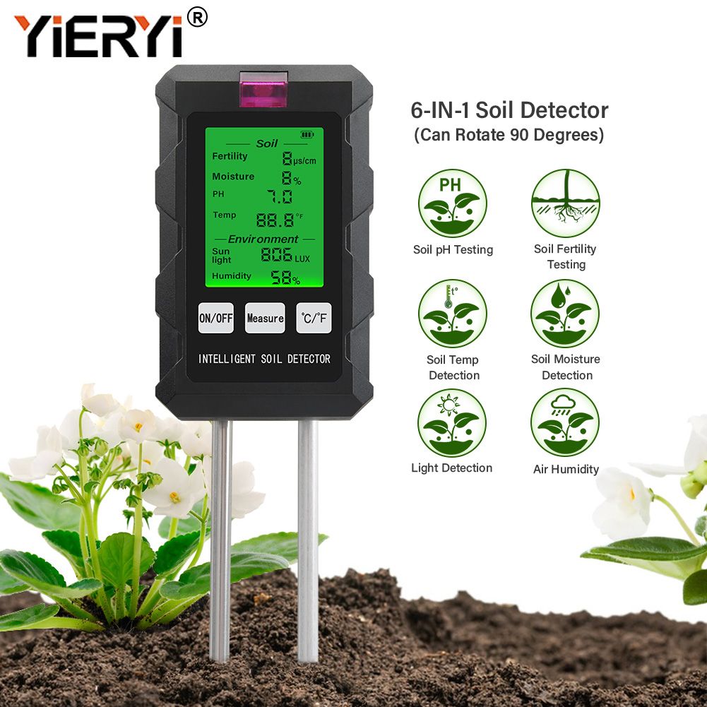 Soil Ph Meter - Digitaler 6-in-1 Boden-pH-Meter Fruchtbarkeits-Bodenfeuchtigkeits-Sonnenlicht-Umgebungsluftfeuchtigkeits-Temperatur-Tester Monitor Detektor